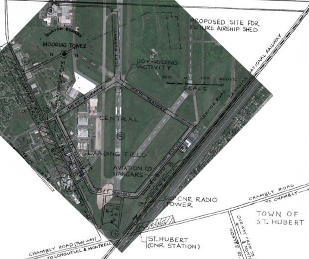The same map overlaid on a current map of the airport. Note the tower has since been demolished.