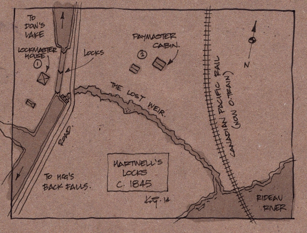 Map sketch of the area in 1845. Note bywash weir.