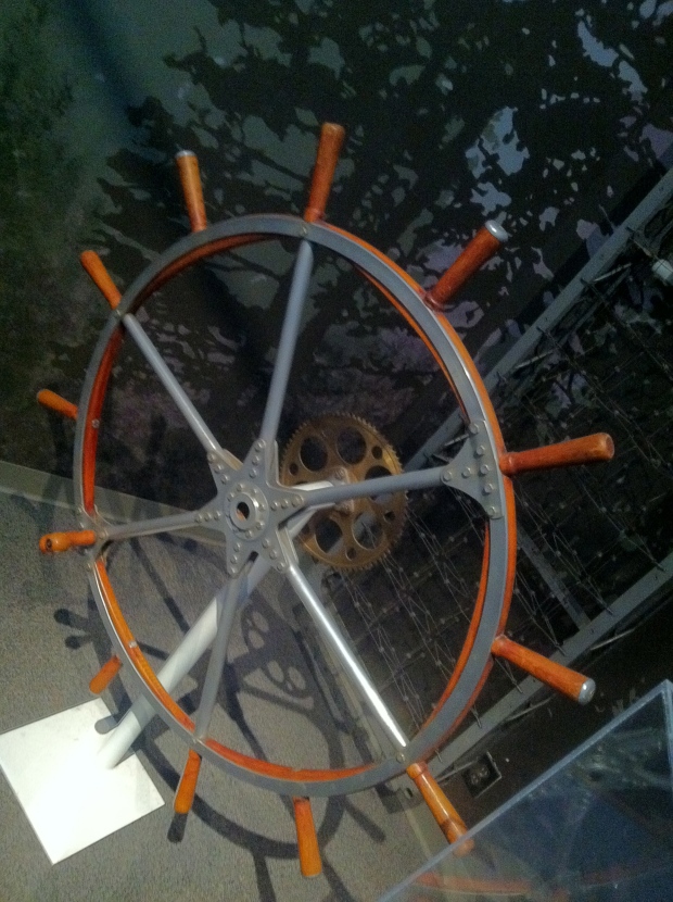 One of the original R100 control steering wheels on display at the Aviation Museum.