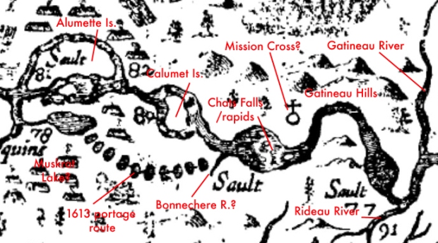 Specific landmarks are noticeable on Champlain's 1632 map, such as Chats Falls and the islands.