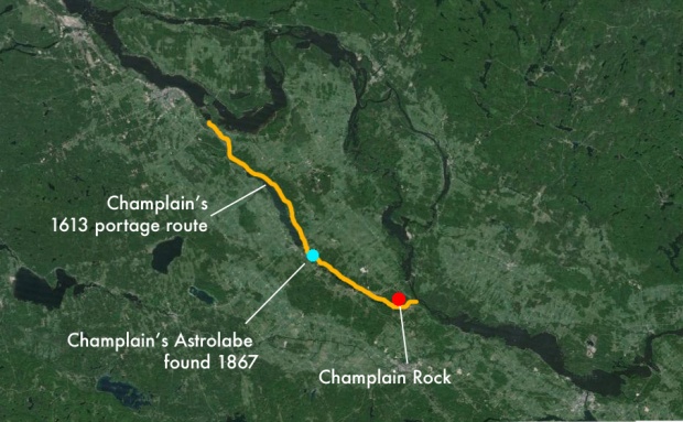 Champlain's route in 1613 with points of interest marked.