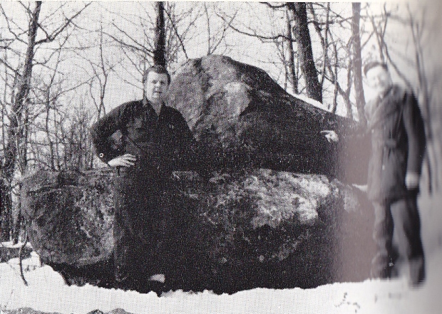 The Champlain Stone and the two men who discovered it in 1953.