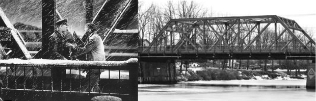 Here we see George on the bridge in the film, and on the right, the bridge in Seneca Falls.