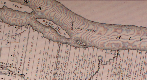 This old 1880 map clearly shows a lighthouse in between the Duck Islands on the Ottawa River.