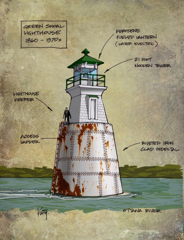 A concept sketch of how the lighthouse in the Ottawa River may have looked based on a photo taken by Lou Bouchard circa 1960s.