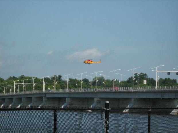 In 2009 an extensive search operation involving military and police equipment scoured the Ottawa River for what was reported to be a crashed UFO. (this photo I snapped is from that search near the Champlain Bridge)