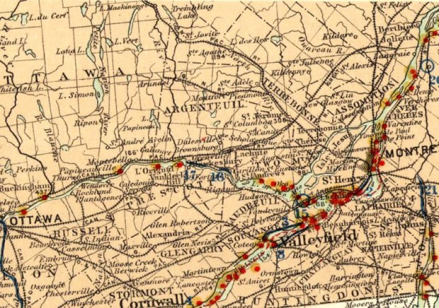 A 1904 map shows lighthouses in red, a number of which were on the Ottawa River.