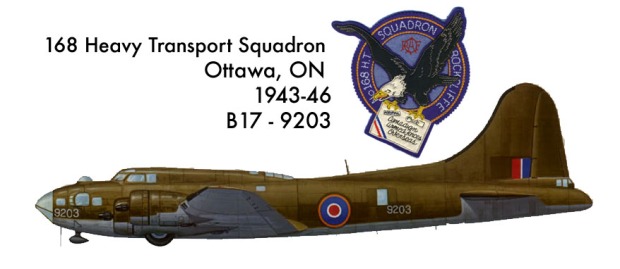 B17-9203 from Ottawa's Rockcliffe 168 Squadron and its insignia crest patch worn by crew during World War 2. (Patch image CC-SY)