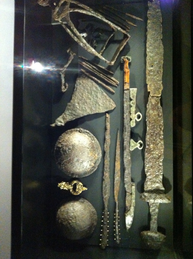 An assortment of unearthed Viking weaponry on display at the exhibit.