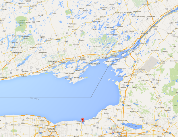 Sous Bay (red) due south of Prince Edward County on the shore of Lake Ontario.
